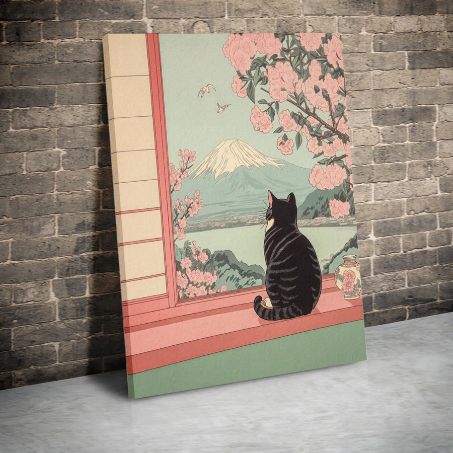 Japanese Cat Wall Art | Mount Fuji Cherry Blossom Ukiyo-E Print | Gallery-Quality 1.25-Inch Canvas | Aesthetic Gift for Cat Lovers & Japan Enthusiasts