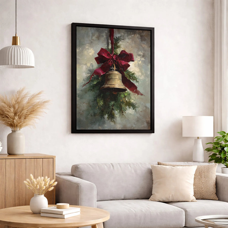 Vintage Christmas Bell Canvas Art | Oil Painting Style Pine Branches & Red Bow | Premium Gallery Wrapped Decor | Festive Holiday Gift