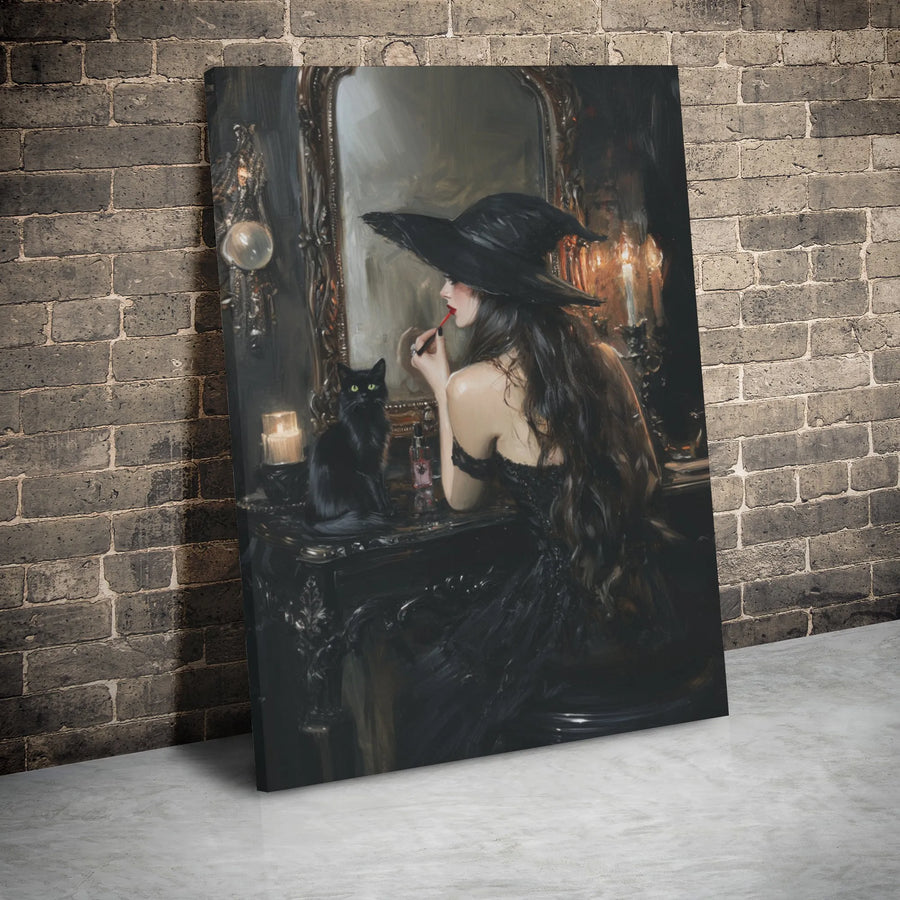 Gothic Witch Canvas Wall Art | Black Cat Vanity Painting | 1.25" Gallery Wrap Premium Print | Dark Academia Home Decor Gift
