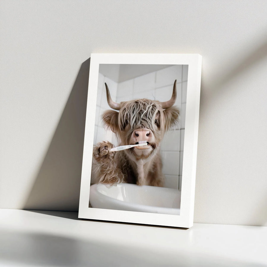 Highland Cow Wall Art | Funny Bathroom Decor Brushing Teeth | Premium Gallery Wrap Canvas | Unique Farmhouse Home Gift