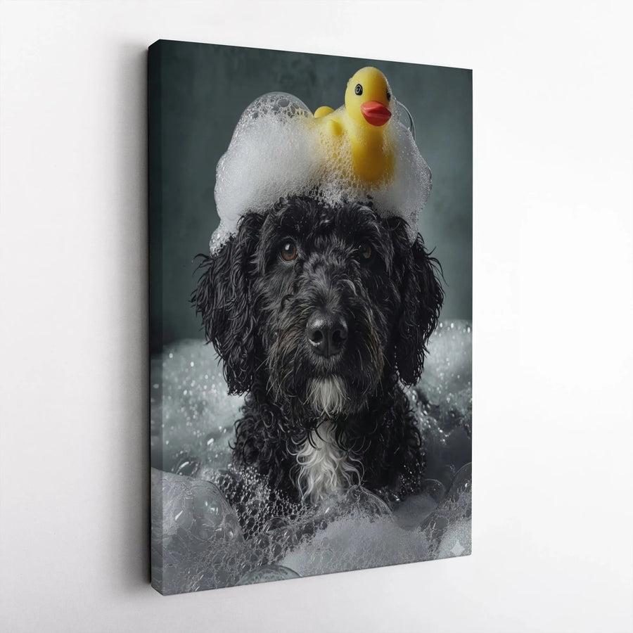 Black Dog Canvas Wall Art | Cute Puppy Bubble Bath with Rubber Duck | Premium Gallery Wrap Print | Whimsical Bathroom Home Decor