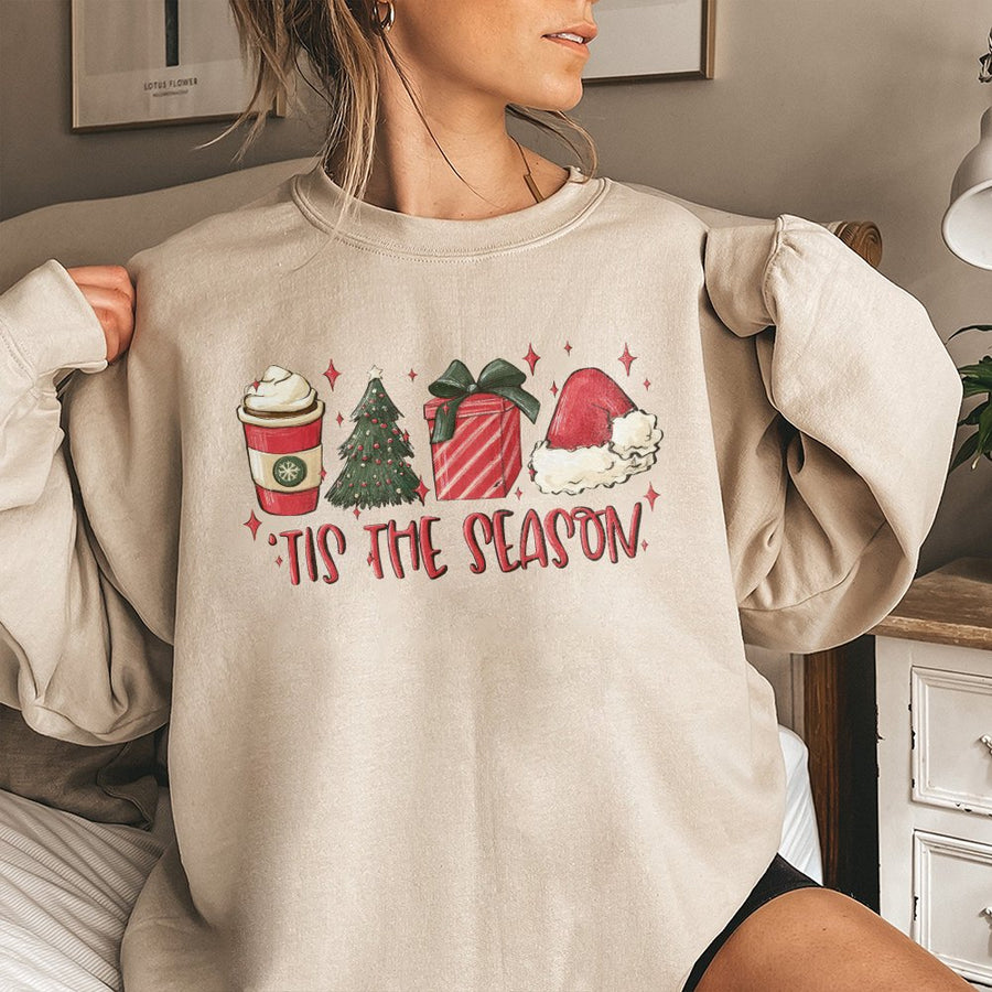 Tis The Season Sweatshirt | Cute Christmas Coffee Tree Graphic | Premium Cotton Blend | Holiday Gift for Women and Men