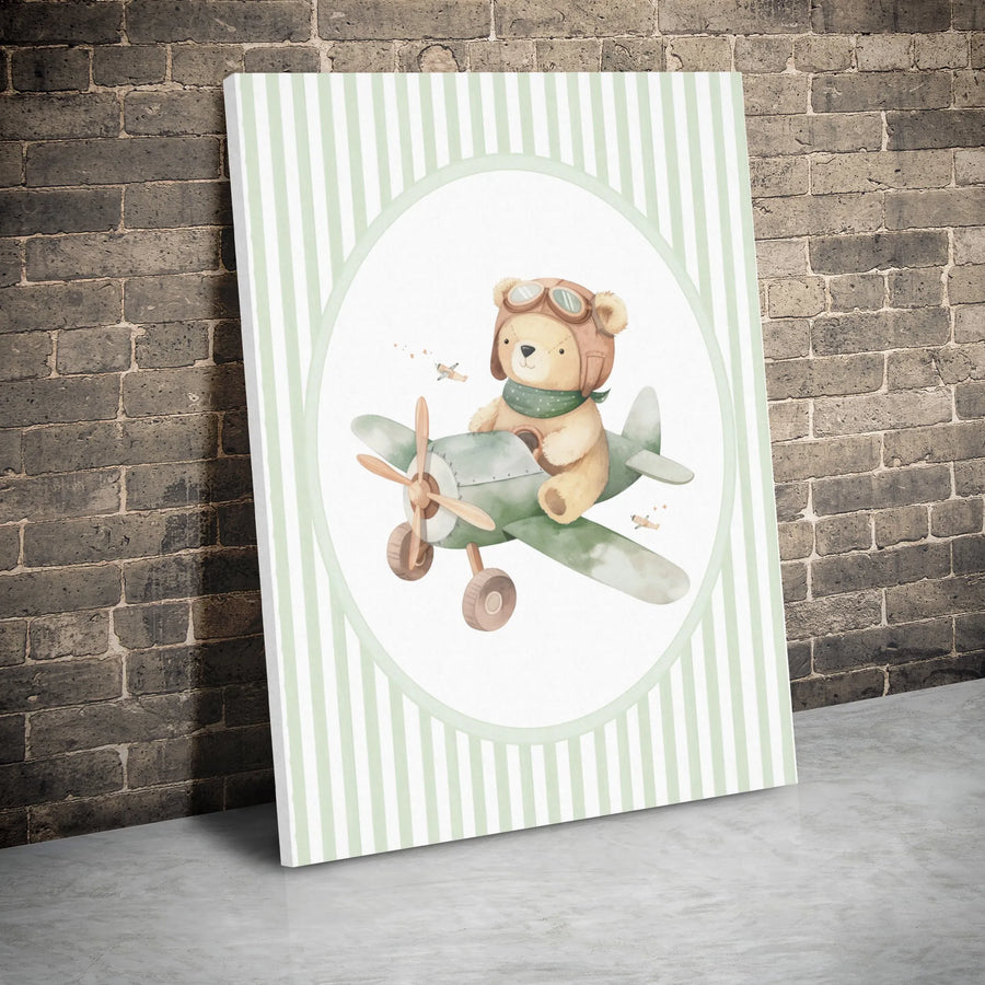 Watercolor Teddy Bear Pilot Canvas | Sage Green Striped Nursery Wall Art | Premium Gallery Wrap | Cute Aviator Animal Gift for Baby Boy Room