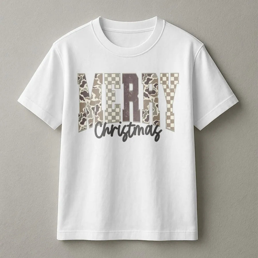 Merry Christmas Camo T-Shirt | Distressed Camouflage Lettering | Soft 100% Cotton Premium Tee | Festive Holiday Gift for Hunters and Outdoorsmen
