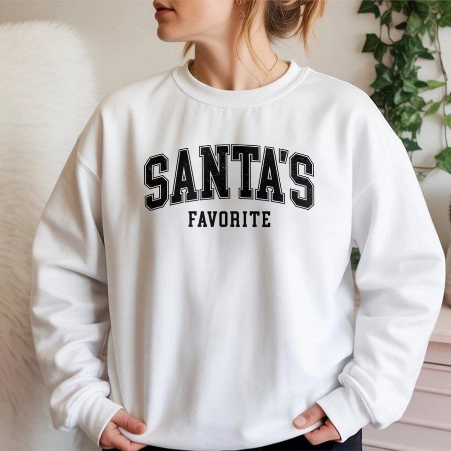 Santa's Favorite Sweatshirt | Varsity Lettering Christmas Graphic | Premium Cotton Blend Unisex Crewneck | Cozy Holiday Gift for Men and Women