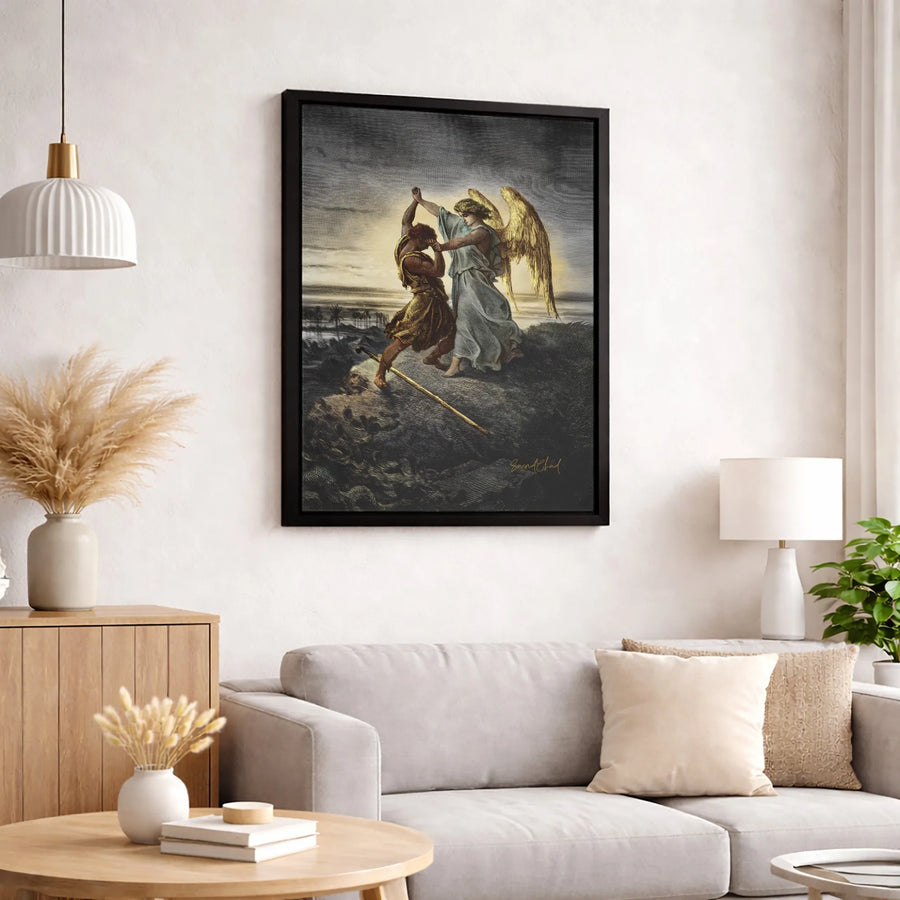 Jacob Wrestling With The Angel Canvas | Biblical Fine Art Print | Gallery-Quality 1.25 Inch Profile | Christian Home Decor Gift