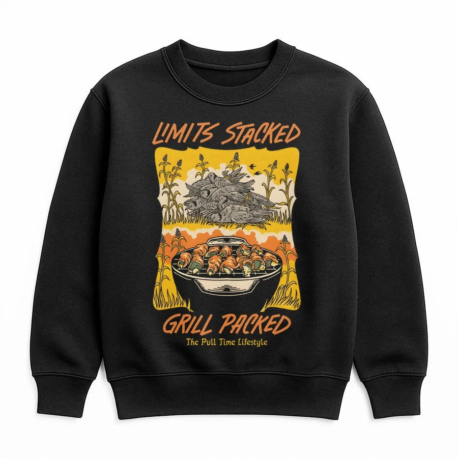 Dove Hunting Sweatshirt | Limits Stacked Grill Packed Graphic | Premium Cotton Blend Crewneck | Gift for Outdoorsmen and Bird Hunters