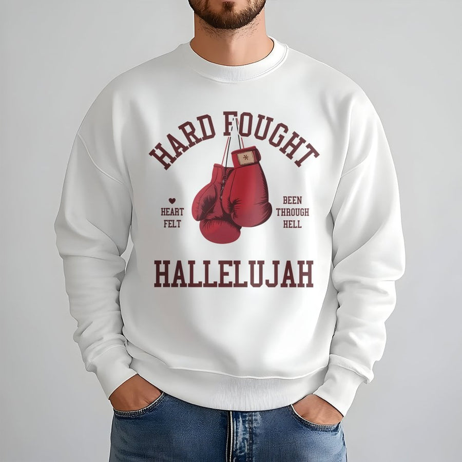Hard Fought Hallelujah Sweatshirt | Boxing Gloves Graphic Print | Premium Cotton-Blend Fleece | Religious Faith Gift for Men and Women