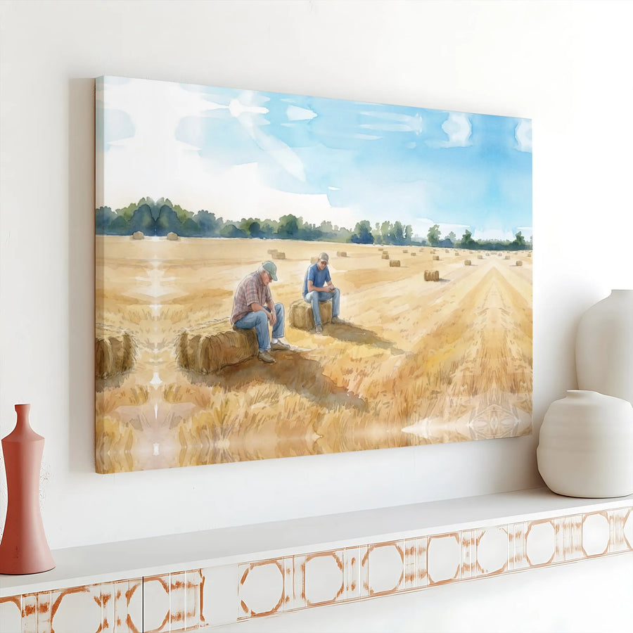 Farmers Harvesting Hay Bales Canvas | Watercolor Country Farm Landscape | 1.25 Inch Gallery Wrap | Rustic Home Decor Wall Art