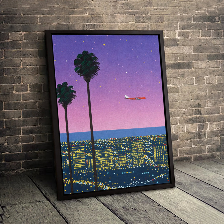 Pixel Art Los Angeles Canvas Print | Retro Night Cityscape with Palm Trees | 1.25-Inch Premium Gallery Wrap | Modern Home Office Decor Gift
