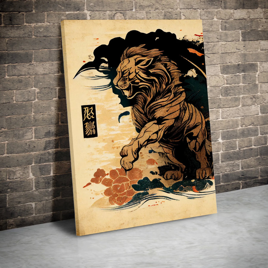 Japanese Lion Wall Art | Ukiyo-E Woodblock Print Style | Premium Gallery Wrap Canvas | Unique Home Decor Gift For Animal Lovers