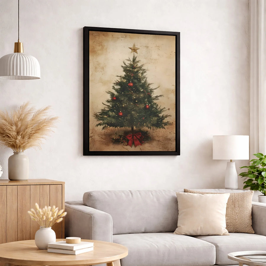 Vintage Christmas Tree Canvas Print | Rustic Holiday Wall Art with Red Ornaments | Premium Fade-Resistant Gallery Wrap | Festive Home Decor Gift