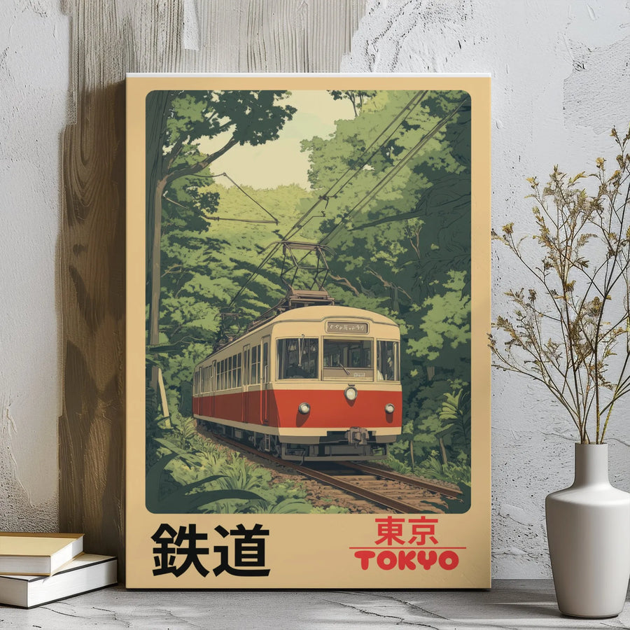 Tokyo Japan Train Canvas Wall Art | Vintage Forest Railway Poster | Premium Gallery Wrap Print | Travel Lover Home Decor Gift