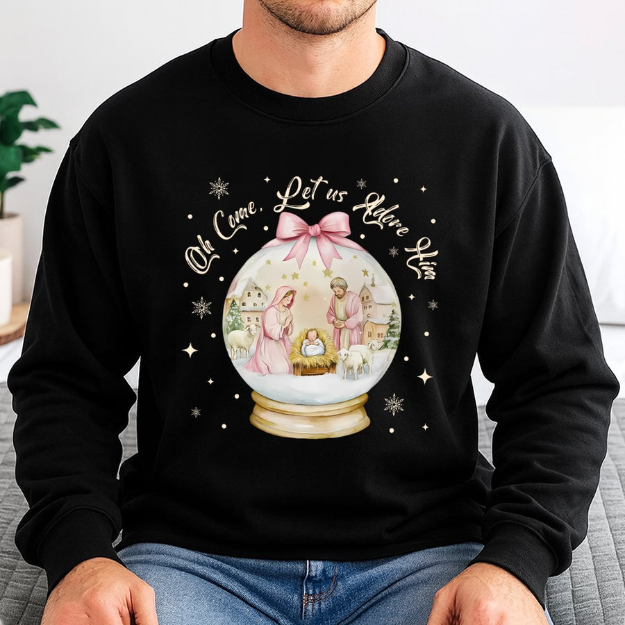 Oh Come Let Us Adore Him Sweatshirt | Nativity Snow Globe Graphic | Premium Cotton Blend | Religious Christmas Gift for Women