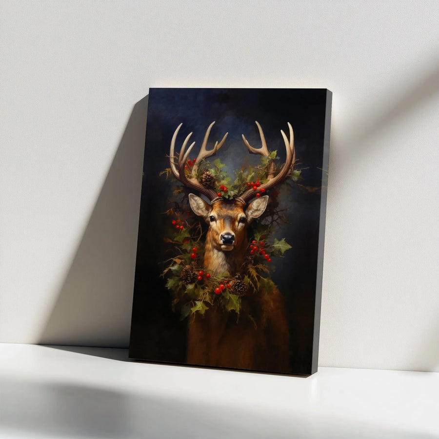 Majestic Stag Canvas Art | Christmas Holly Wreath Woodland Portrait | Gallery Wrap Premium Print | Holiday Lodge Decor Wall Gift