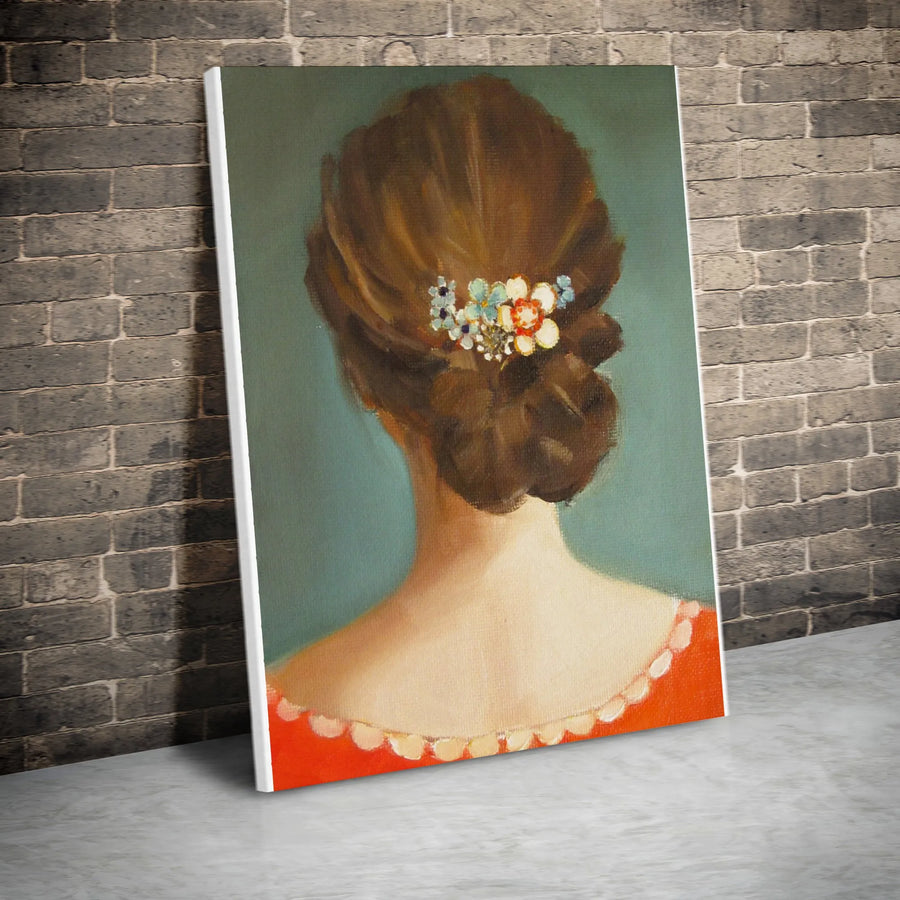 Elegant Woman Portrait Vertical Canvas | Vintage Oil Painting Style Print with Floral Hairpin | Premium 1.25" Thick Gallery Wrap | Romantic Home Decor Gift