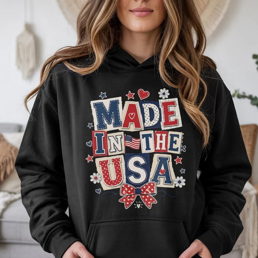 Patriotic USA Hoodie | Coquette Collage Made in USA Graphic | Premium Cotton Blend | 4th of July Independence Day Gift for Men & Women