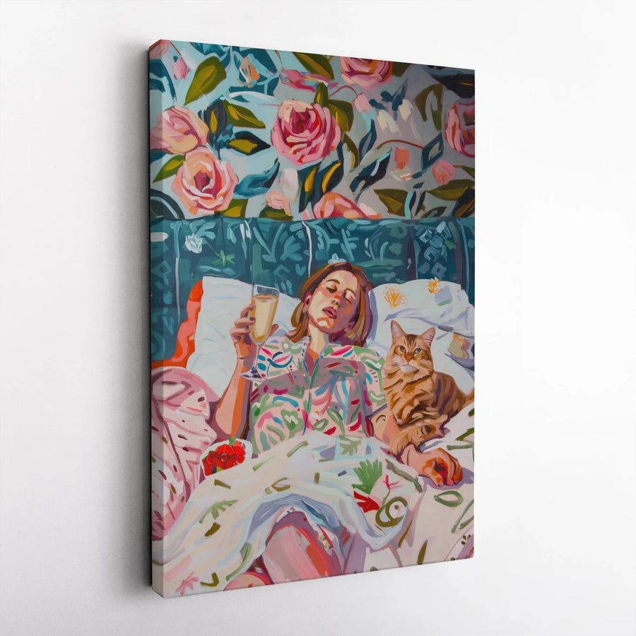 Woman In Bed With Cat Canvas Art | Floral Bedroom Aesthetic Painting | Premium Fade-Resistant Gallery Wrap | Cozy Home Decor Gift For Her
