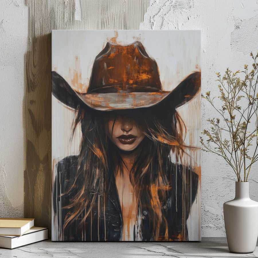 Abstract Cowgirl Canvas Wall Art | Rustic Western Cowboy Hat Painting | Premium Gallery-Wrapped Print | Southwestern Home Decor Gift