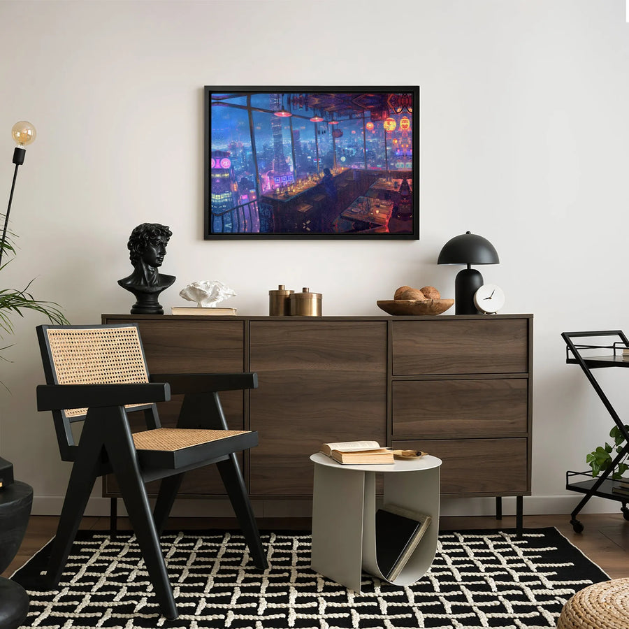 Cyberpunk Cityscape Canvas Art | Lofi Anime Nightlife Skyline | Premium 1.25-Inch Gallery Wrap | Wall Decor Gift for Gamers