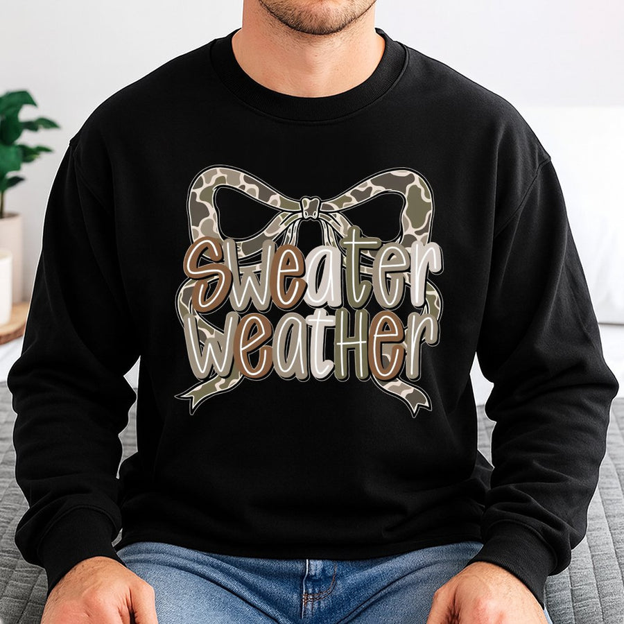 Sweater Weather Sweatshirt | Coquette Camo Bow Graphic Print | Premium Cotton Blend | Fall Aesthetic Gift for Her