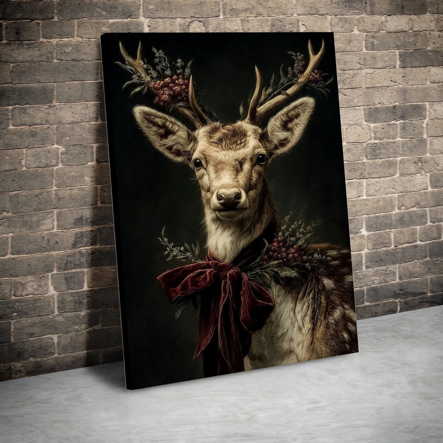 Christmas Reindeer Wall Art | Festive Deer Portrait with Red Velvet Bow | Premium Gallery Wrapped Canvas | Winter Holiday Home Decor Gift