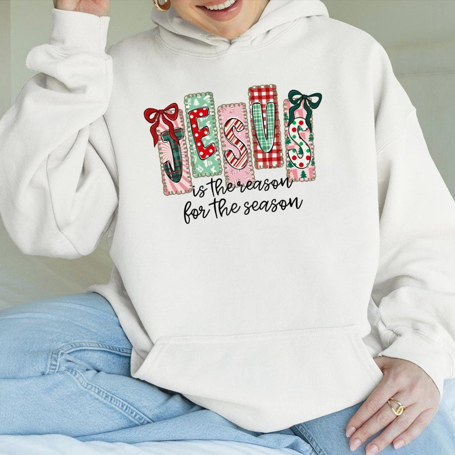 Jesus Is The Reason For The Season Hoodie | Festive Plaid Bow Graphic | Premium Cotton Blend | Christian Christmas Gift for Women