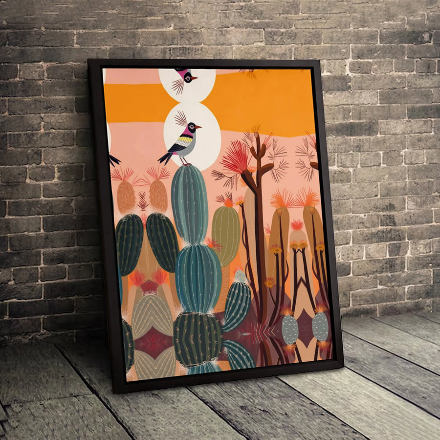 Desert Cactus Wall Art | Mid-Century Modern Bird Print | Premium Gallery Wrapped Canvas | Bohemian Southwestern Home Decor Gift