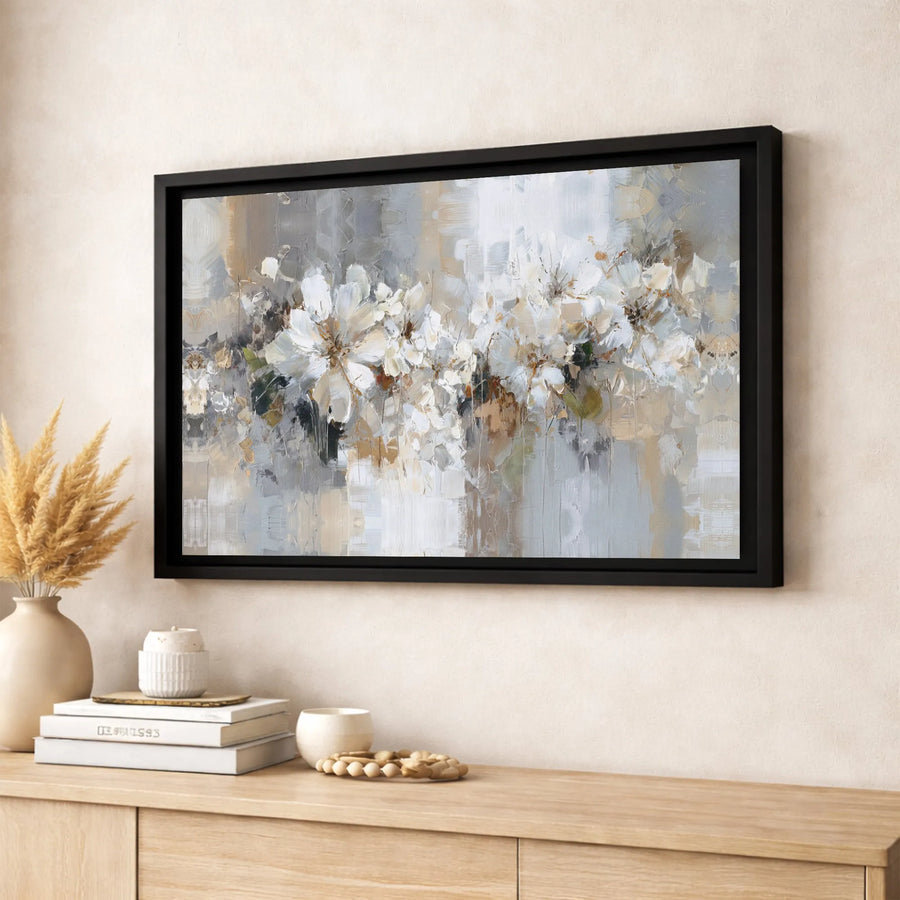 Abstract Floral Canvas Wall Art | Neutral Grey and Beige Impressionist Bouquet | Premium Gallery-Wrapped Print | Modern Home Office Decor