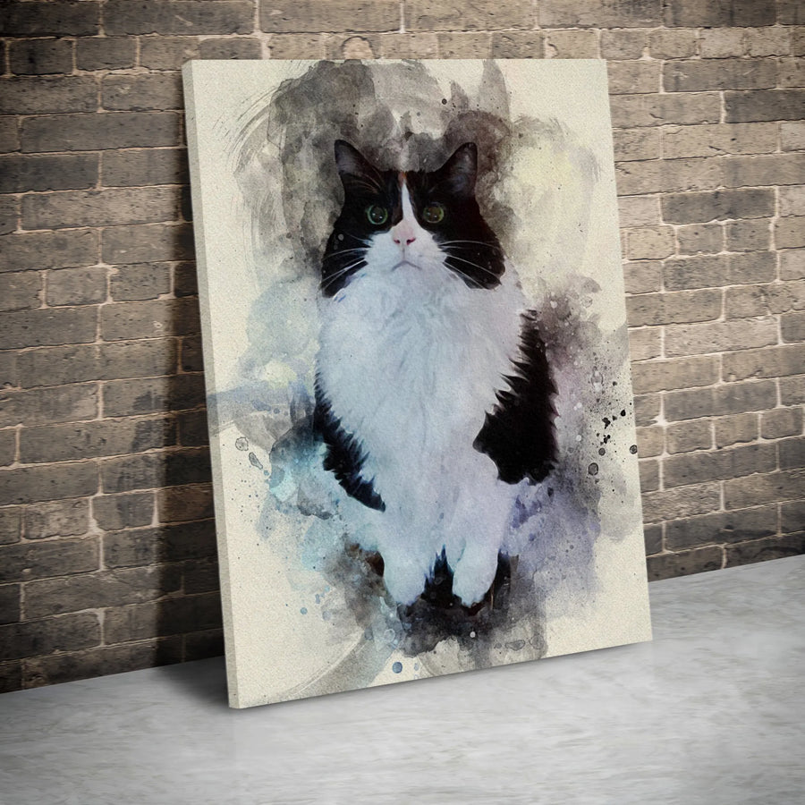 Tuxedo Cat Wall Art | Watercolor Black and White Portrait | Premium Gallery Wrap Canvas | Unique Cat Lover Gift for Home Decor