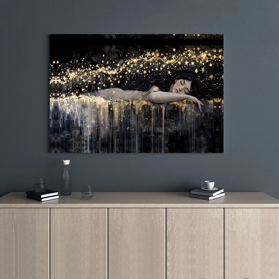 Sleeping Woman Wall Art | Golden Stars Celestial Canvas Print | Premium Gallery Wrap Decor | Dreamy Bedroom Living Room Aesthetic Gift