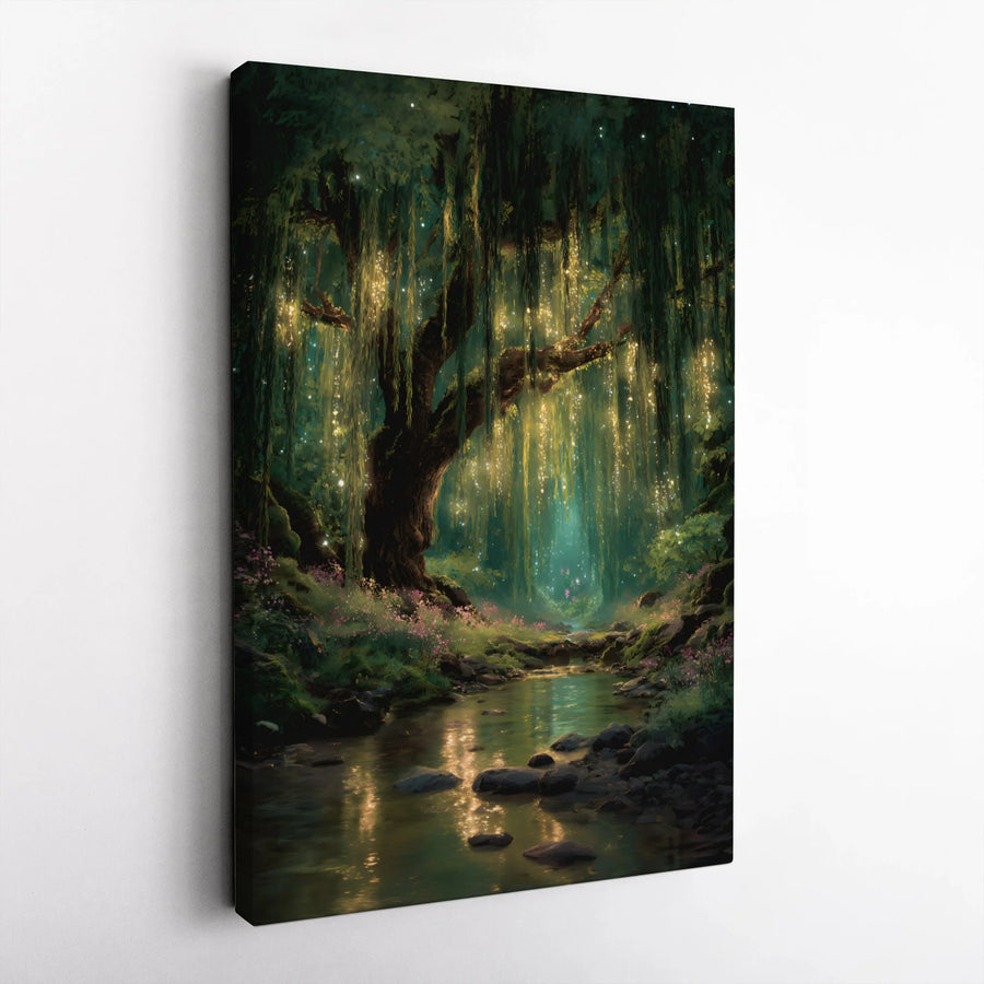 Enchanted Forest Canvas Wall Art | Glowing Weeping Willow Landscape Print | 1.25” Gallery Wrap Premium Decor | Nature Lover Living Room Gift