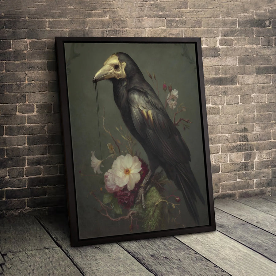 Gothic Raven Canvas Art | Surreal Skull Mask & Floral Wall Decor | Premium 1.25" Gallery Profile | Dark Academia Home Decor Gift