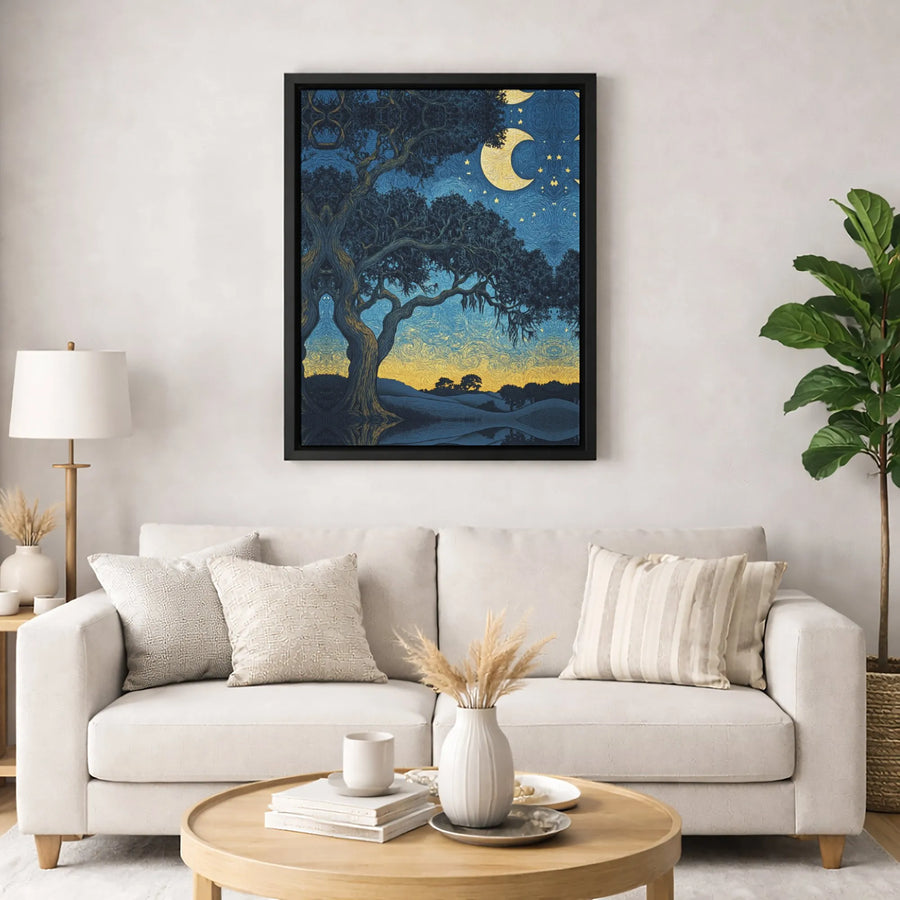 Starry Night Oak Tree Canvas Print | Impressionist Moonlit Landscape Wall Art | Gallery Wrapped Premium Material | Aesthetic Home Decor Gift