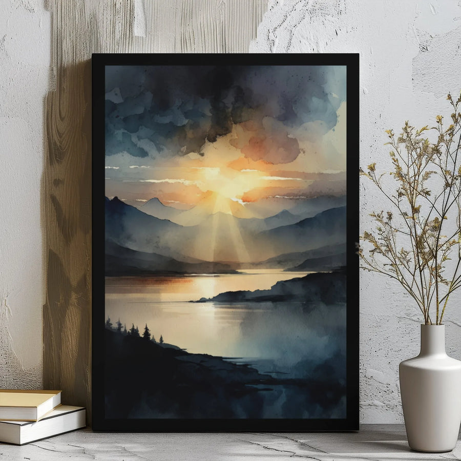 Mountain Lake Sunset Canvas Wall Art | Watercolor Nature Landscape Print | 1.25-Inch Gallery Wrap | Premium Home Decor Gift