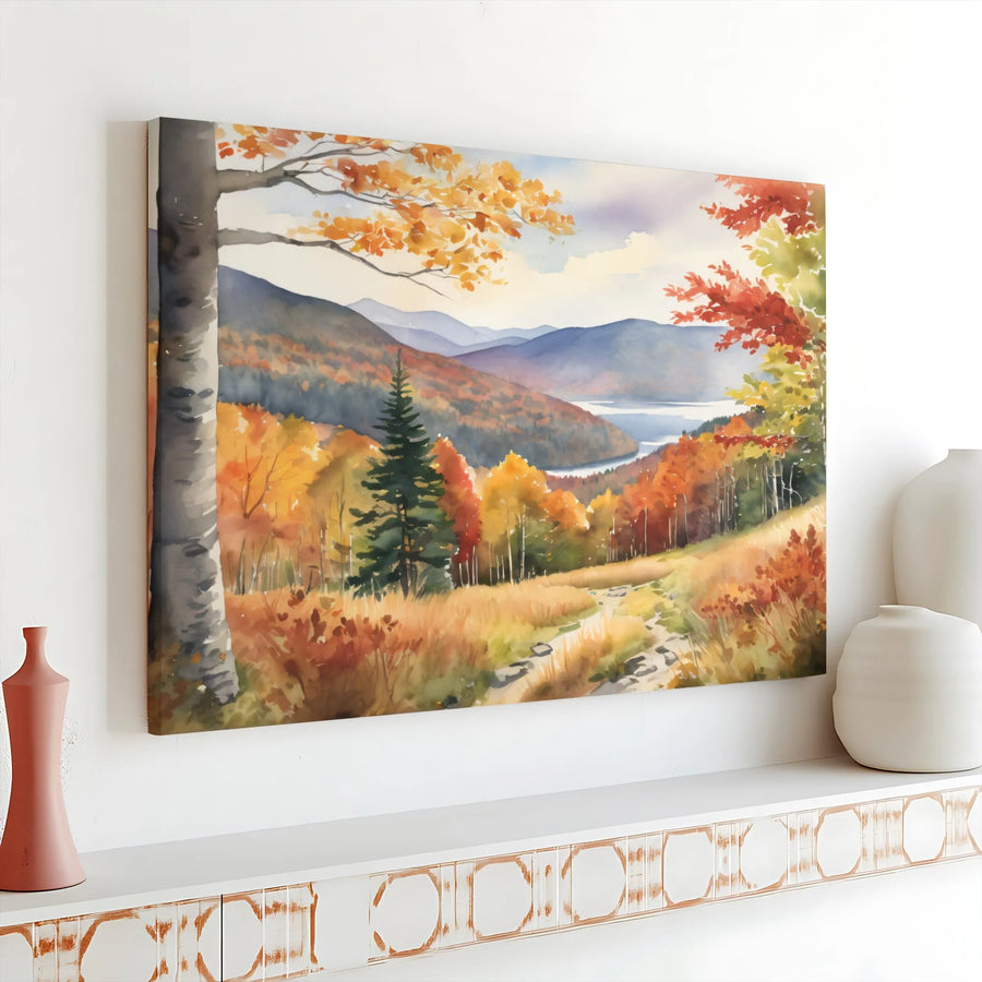 Autumn Mountain Landscape Canvas Art | Watercolor Fall Forest Lake Print | Premium Gallery Wrap Wall Decor | Rustic Nature Home Office Gift