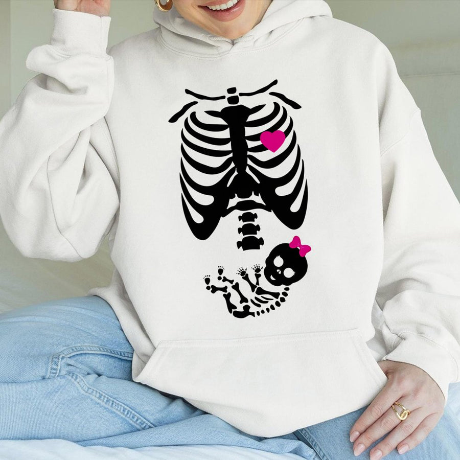 Pregnant Skeleton Hoodie | Cute Baby Girl Announcement Graphic | Premium Cotton Blend | Funny Expectant Mom Halloween Gift