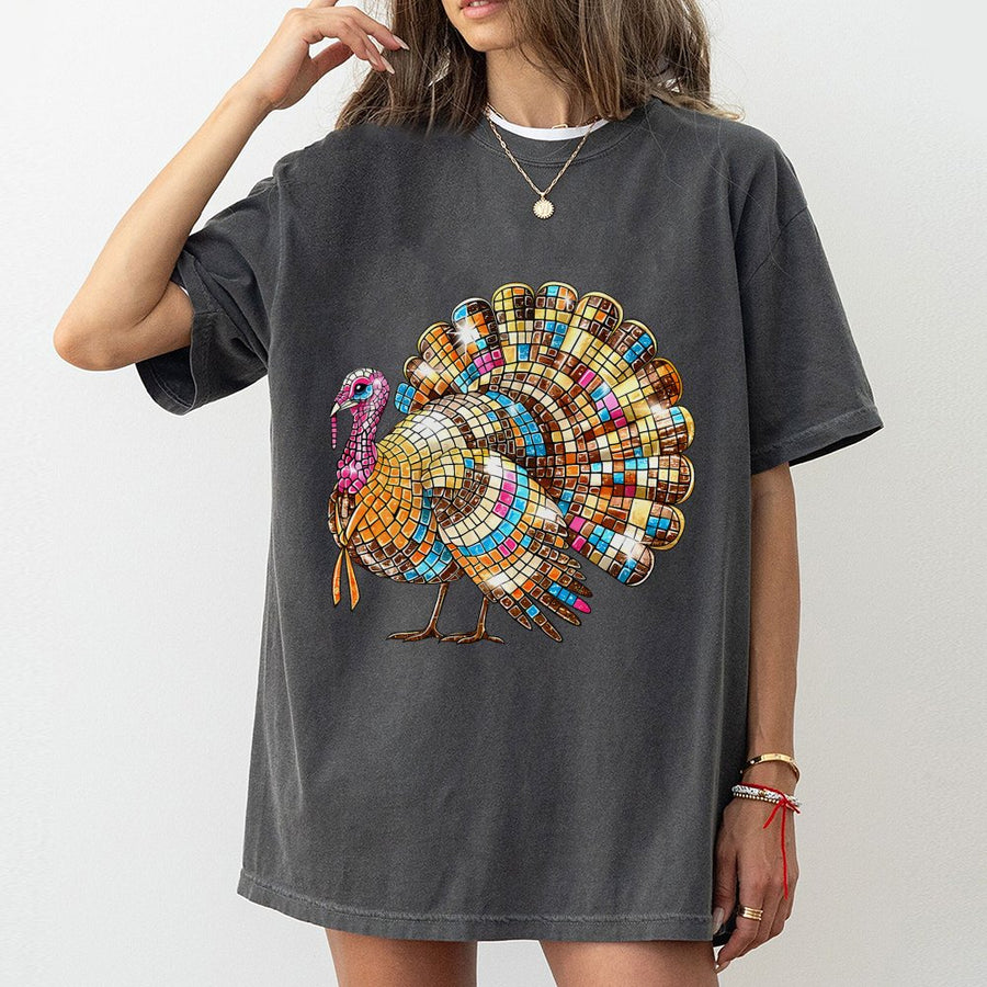 Disco Ball Turkey T-Shirt | Mosaic Pattern Thanksgiving Graphic | Premium 100% Cotton Tee | Trendy Fall Holiday Gift for Women