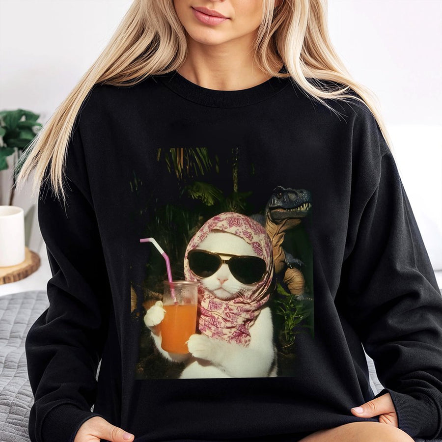 Chill Girl Cat With Dinosaur Sweatshirt | Funny Internet Meme Graphic | Premium Cotton Blend | Unisex Oversized Streetwear Gift for Cat Lovers