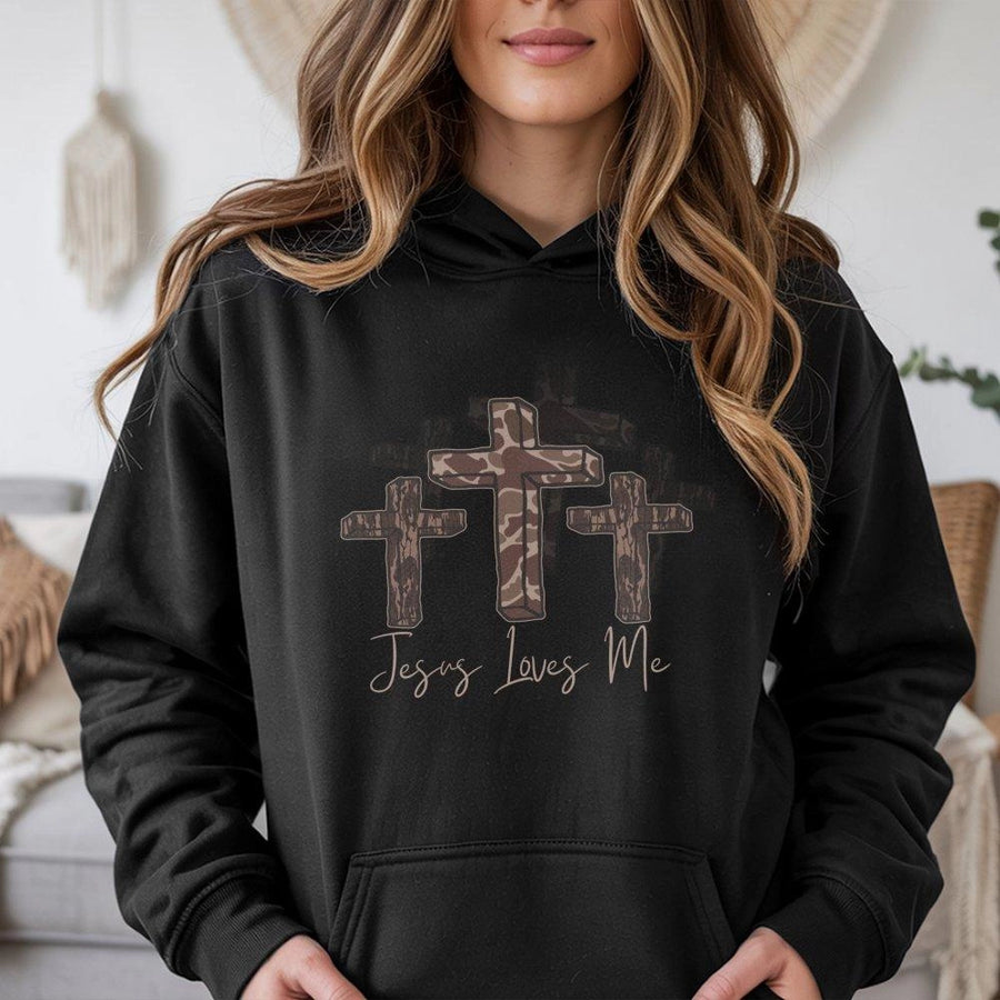 Jesus Loves Me Hoodie | Camo Cross Religious Graphic | Cotton-Blend Premium Quality | Faith-Inspired Gift for Adults and Youth