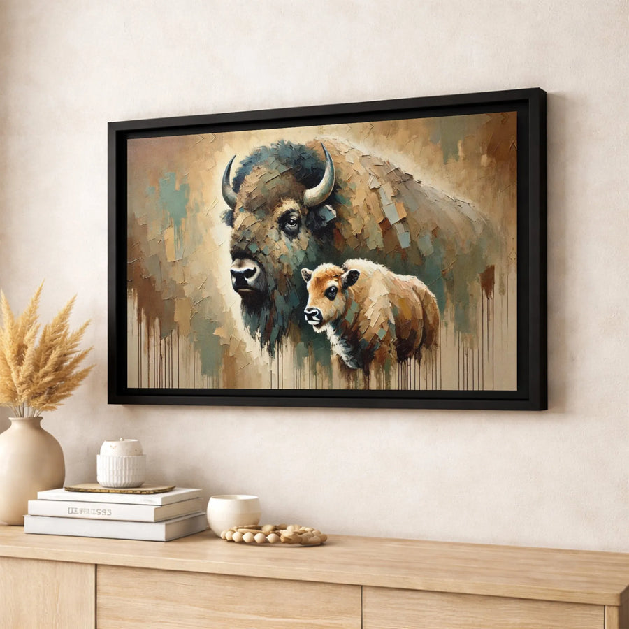 Bison and Calf Wall Art | Impressionist Animal Canvas Print | Premium Gallery Wrapped Canvas | Wildlife Home Decor Gift for Nature Lovers
