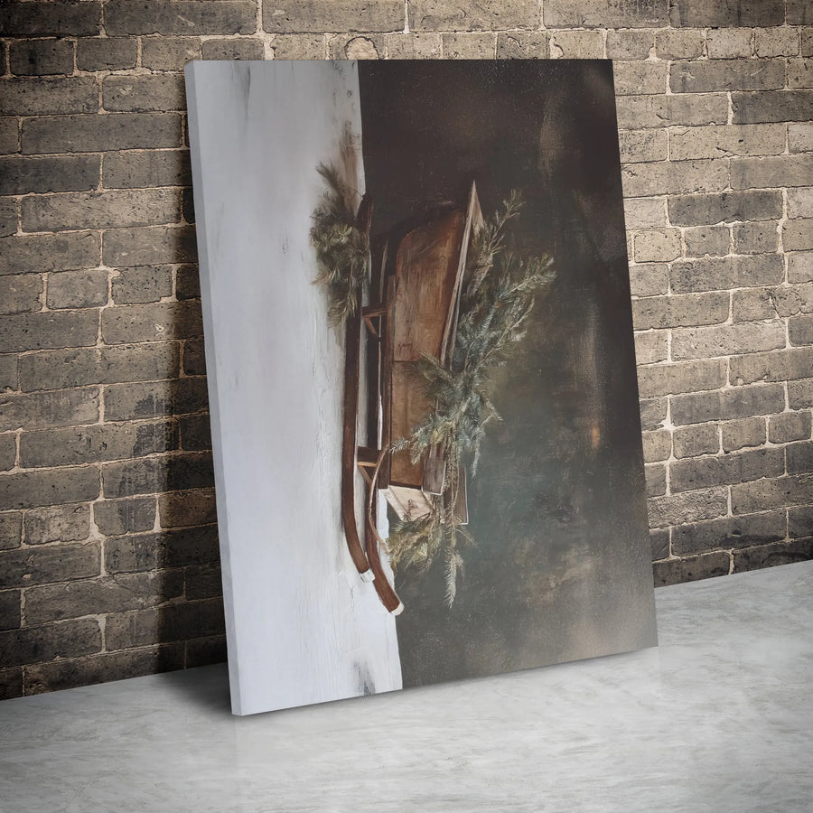 Rustic Winter Sled Wall Art | Vintage Farmhouse Pine Branches Canvas | Premium Gallery Wrapped Decor | Cozy Christmas Holiday Home Gift