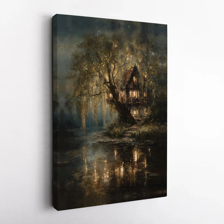 Magical Treehouse Wall Art | Glowing Forest Nightscape Canvas | Premium Gallery Wrapped Decor | Fantasy Landscape Print for Living Room