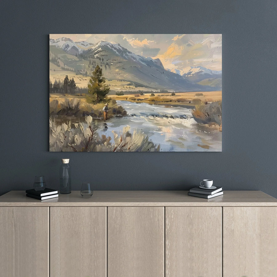 Fly Fishing Mountain Landscape Canvas | Impressionist River Art | 1.25" Gallery Wrap Premium Decor | Nature Lover Cabin Wall Art Gift