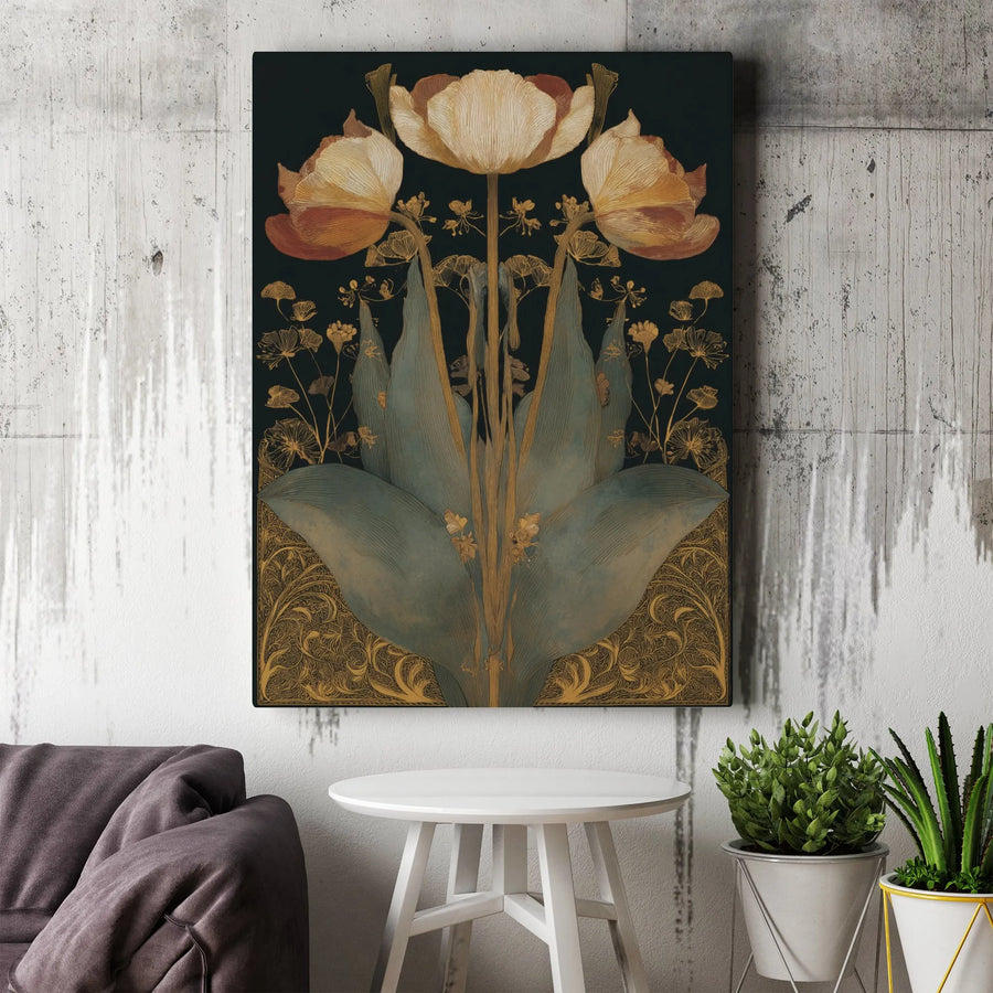Art Nouveau Floral Vertical Canvas | Vintage Botanical Tulip Illustration | Premium Thick Gallery Wrap | Living Room & Bedroom Decor Gift