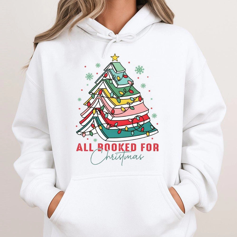 All Booked For Christmas Hoodie | Book Lover Tree Graphic | Premium Cotton Blend | Gift For Teachers Librarians Readers