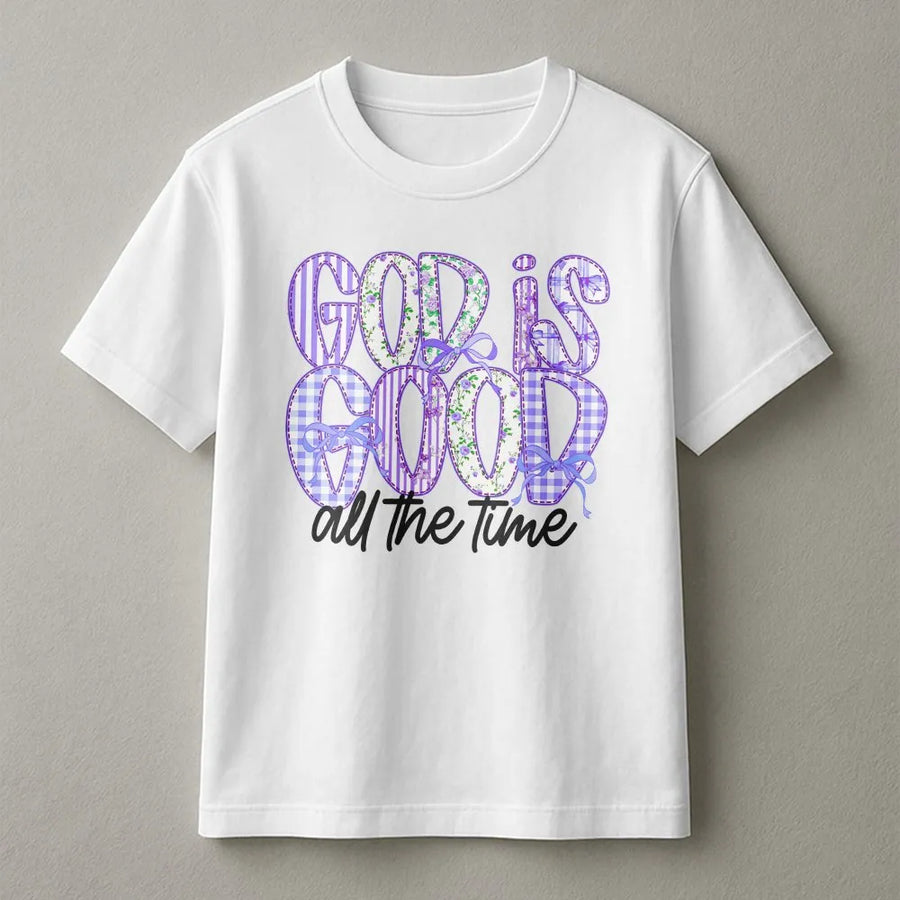 God Is Good Christian T-Shirt | Preppy Gingham Floral Design | Premium Cotton-Blend Pullover | Inspirational Faith Based Gift for Women