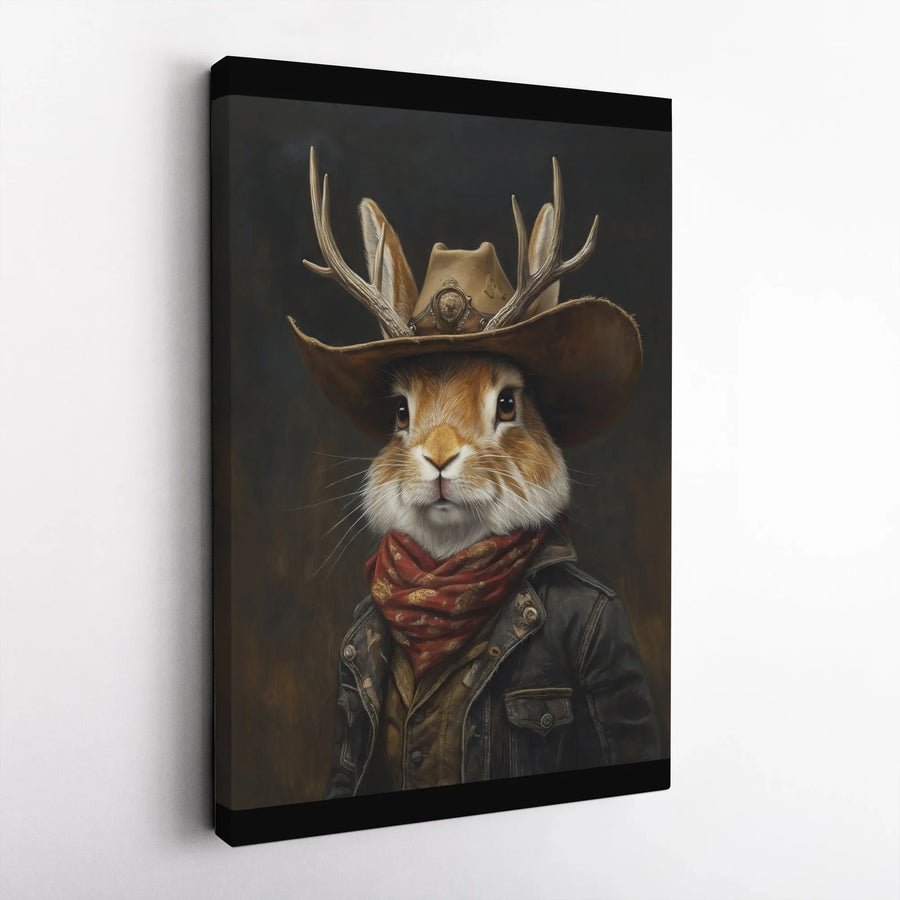 Cowboy Jackalope Wall Art | Rustic Western Rabbit Portrait | Gallery-Wrapped Canvas Print | Unique Office Decor Gift