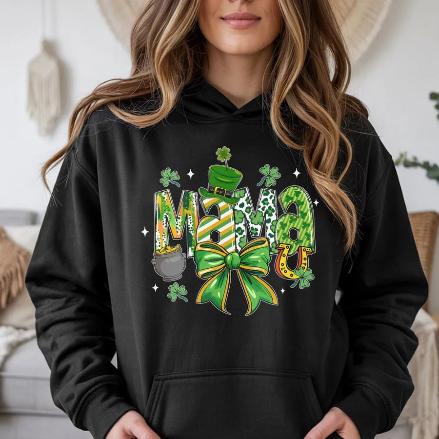 Mama St Patrick's Day Hoodie | Lucky Shamrock Clover Coquette Graphic | Premium Cotton Blend | Gift for Irish Mom Women