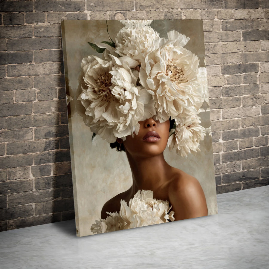 Black Woman Floral Art Canvas | Surreal Peony Headdress Portrait | Premium Gallery Wrapped Print | Feminine Wall Decor Gift